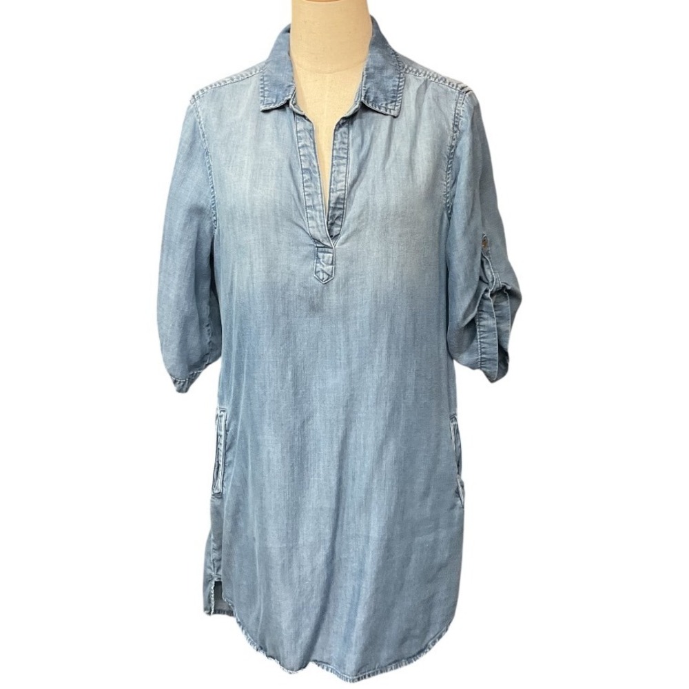 Anthropologie Cloth & Stone Chambray Denim 3/4 Sleeve Mini Shirt Dress Medium - Picture 3 of 10